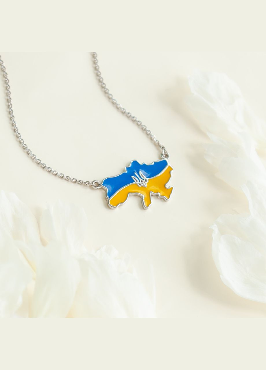 Колье серебряная карта Украины с голубовато-желтой эмалью и гербом посередине Каштан (342335002)