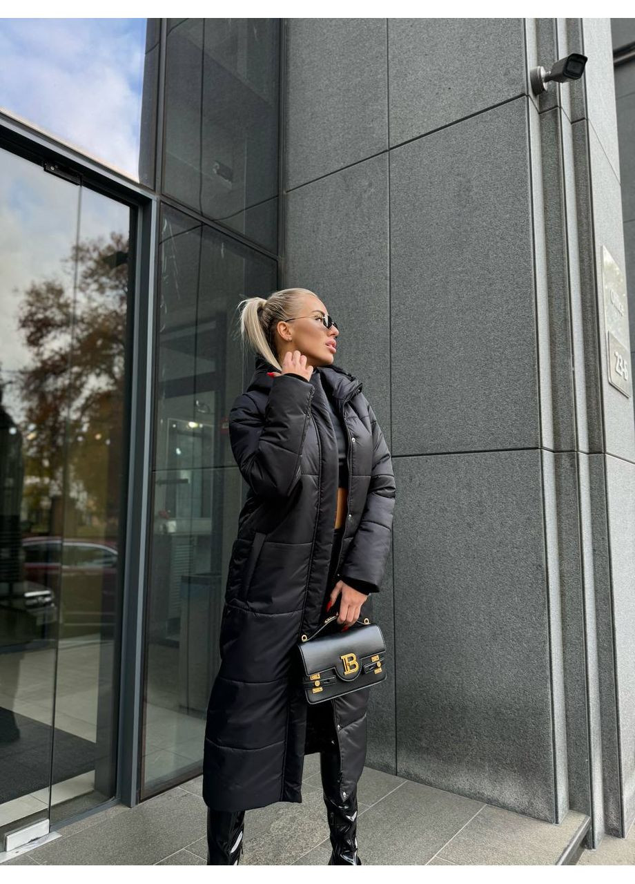 Чорна зимня довгий жіночий пуховик із поясом — заміри в описі куртка-пальто DK/DL Мода без кордонів