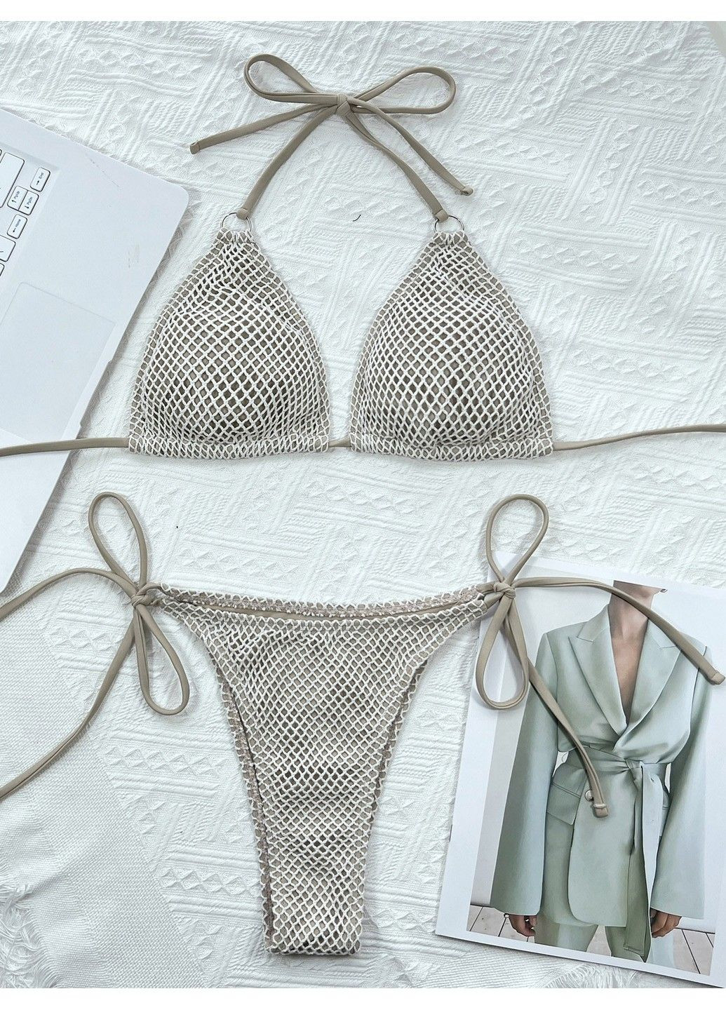 Бежевый купальник раздельный greed с завязками бежевый No Brand