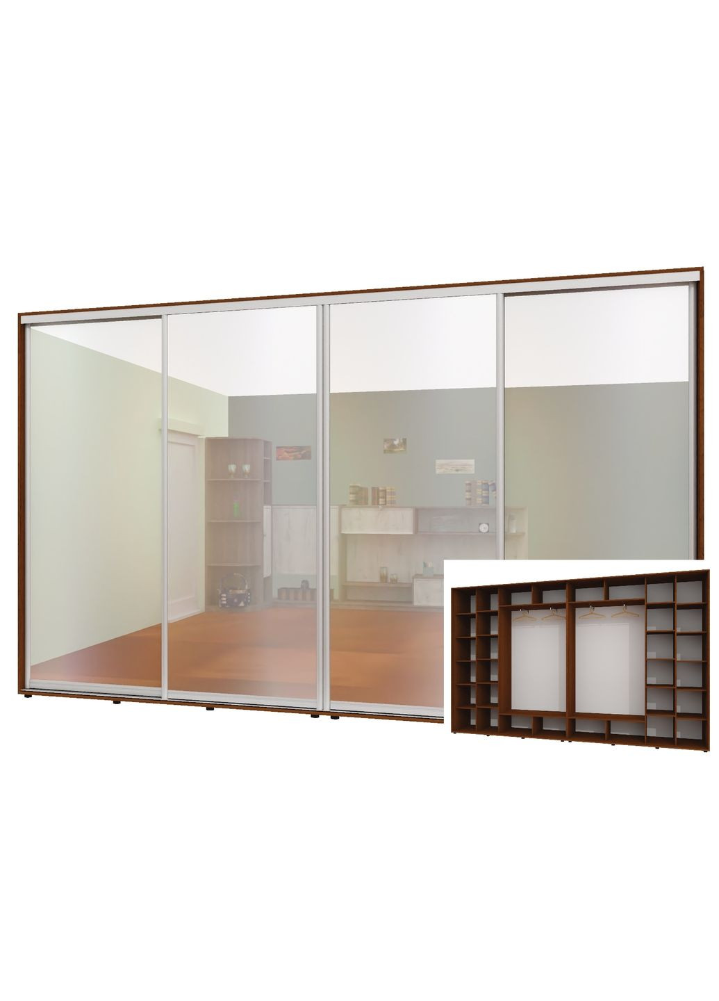 Шафа-купе чотиридверна 410*45*250 см Горіх лісовий 4 двері Дзеркало ШК-02 Алекса (360461568)