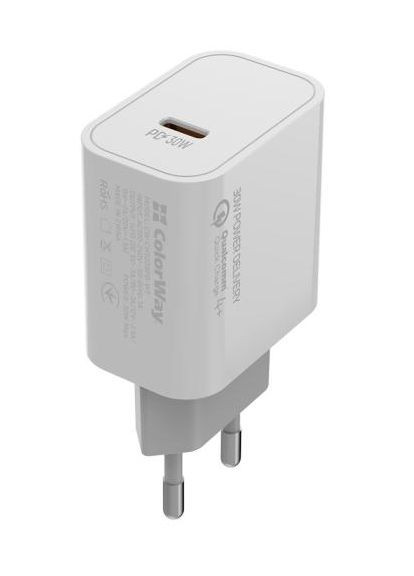 Мережевий зарядний пристрій, White, 30 Вт, USB Type-C, Quick Charge 3.0, Power Delivery, USB Auto ID (CW-CHS038PD-WT) Colorway (315436091)