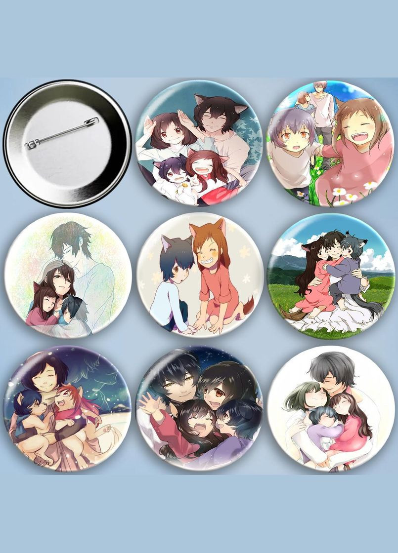 Значки на булавці Аніме Вовчі діти аме та юки набір 8 шт металеві на шпильці 56 мм No Brand (325482080)