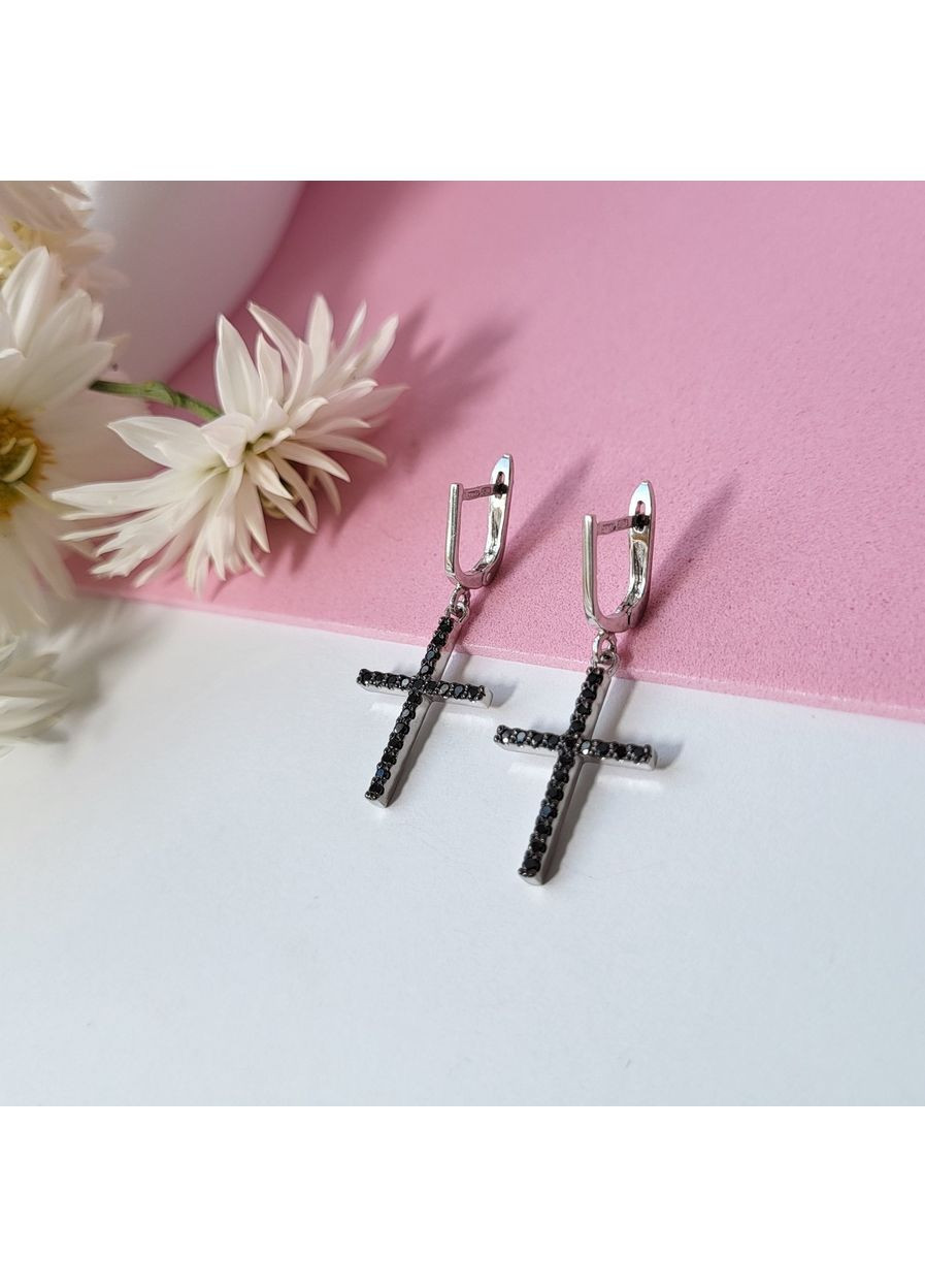 Срібні сережки з підвіскою Хрести з чорним камінням срібло 925 проби Родоване 53103р 3.60г No Brand (351851433)