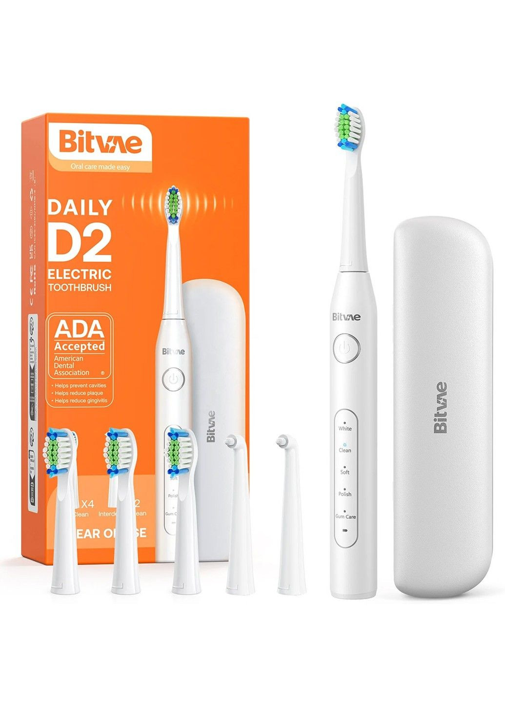 Электрическая зубная щетка D2 с футляром и 6 насадок white Bitvae (304180020)