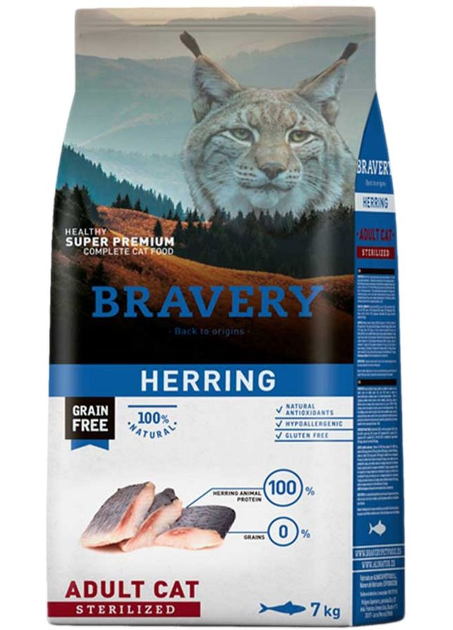 Сухой корм для взрослых стерилизованных кошек Herring Adult Cat Sterilized с селедкой 7 кг (8436538950708) Bravery (333706215)