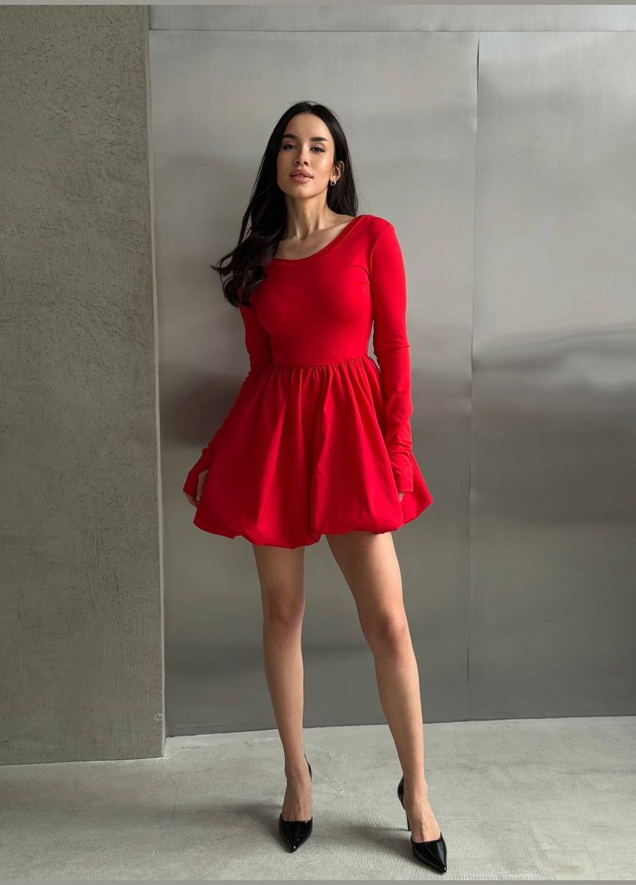 Червона комбінована сукня міні з пишною спідницею червоного кольору 32955 кльош Fashion однотонна