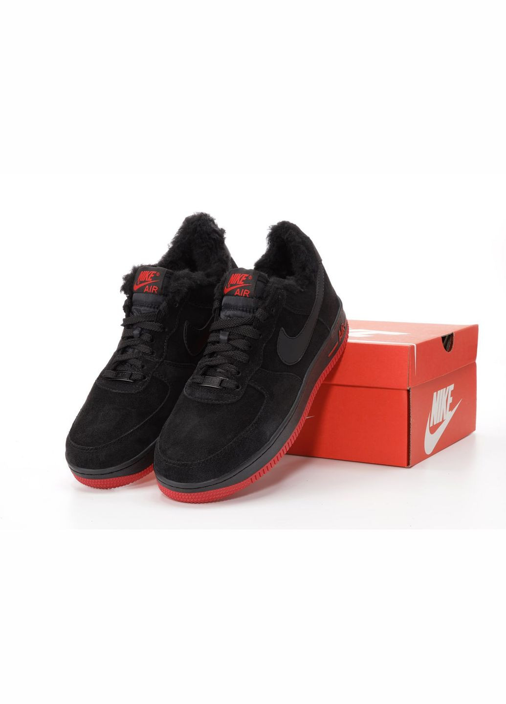 Черные зимние кроссовки зимние мужские nike air force 1 winter low black red fur | найк аир форс 1 низкие черные красные с мехом No Brand
