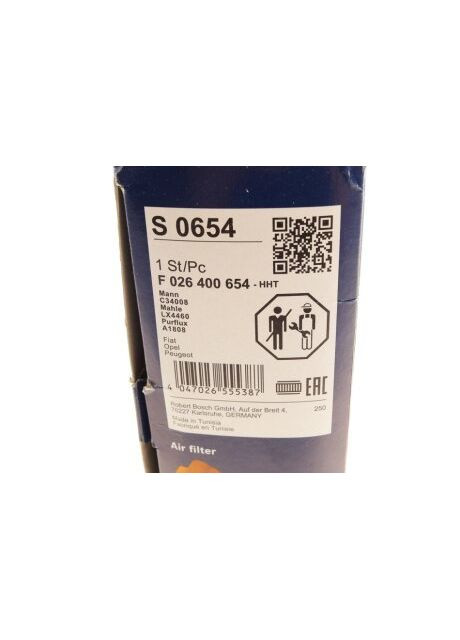 Фильтр воздушный Fiat Doblo/Fiorino/500L/X 1.3D Multijet/Opel Combo 1.3 CDTI 10 F 026 400 654 RU63 Bosch (345754850)