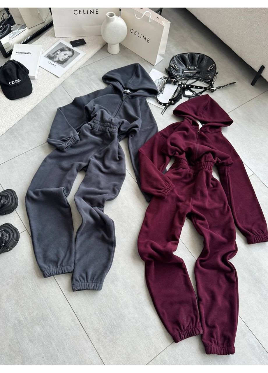 Жіночий комбінезон No Brand комбінезон-брюки однотонний бордовий повсякденний, кежуал фліс