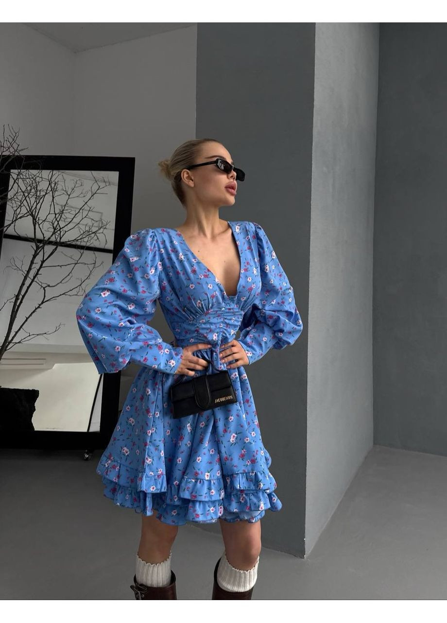 Блакитна повсякденний квіткова міні-сукня з довгими рукавами та глибоким вирізом Україна