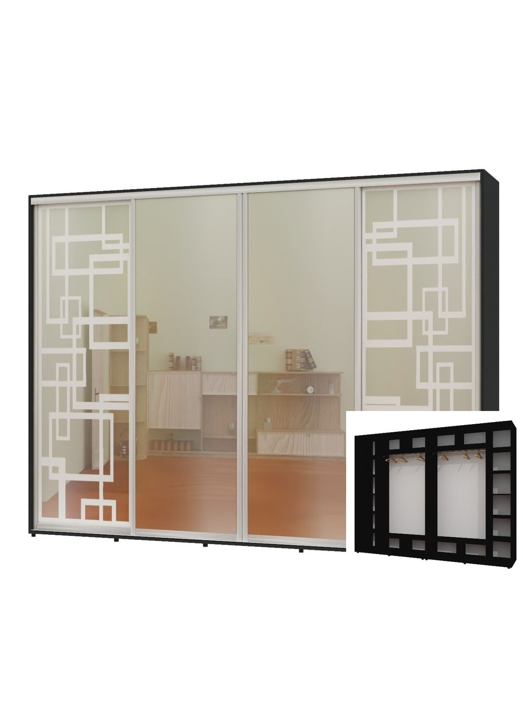 Шкаф-купе четырехдверный 300*60*220 Антрацит 2 Зеркала с пескоструйным рисунком/2 Зеркала Алекса (360477338)