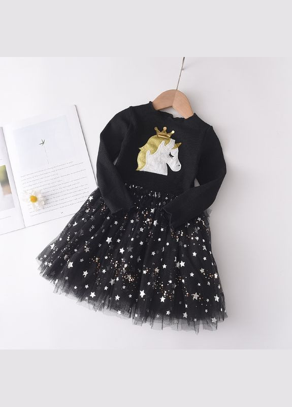 Чёрное платье детское с единорогом и звездочками ( 90см ) (11266) Qoopixie (290704438)