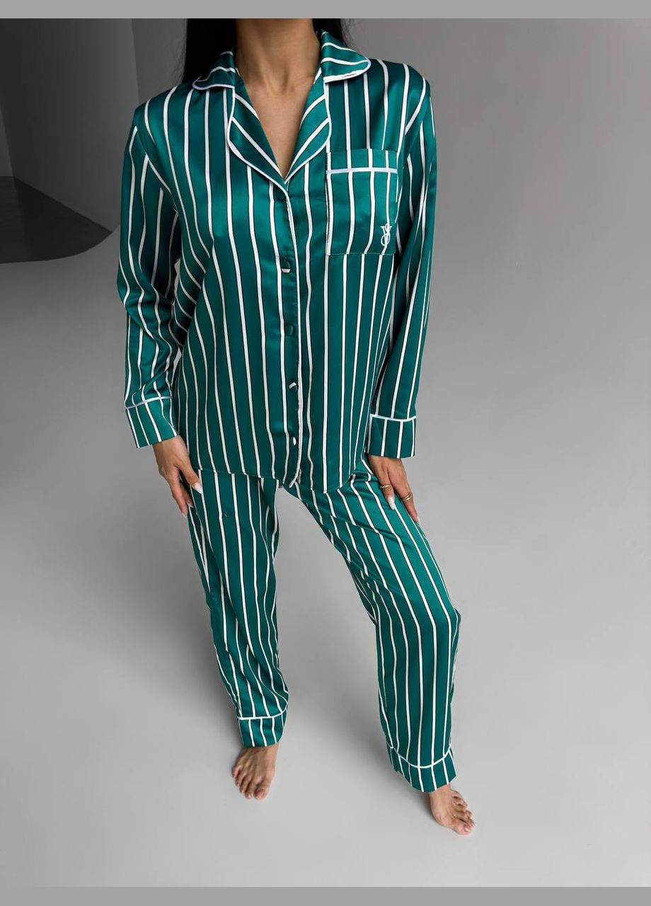 Изумрудная всесезон женская пижама виктория в полоску рубашка + брюки No Brand Піжама штаны та рубашка