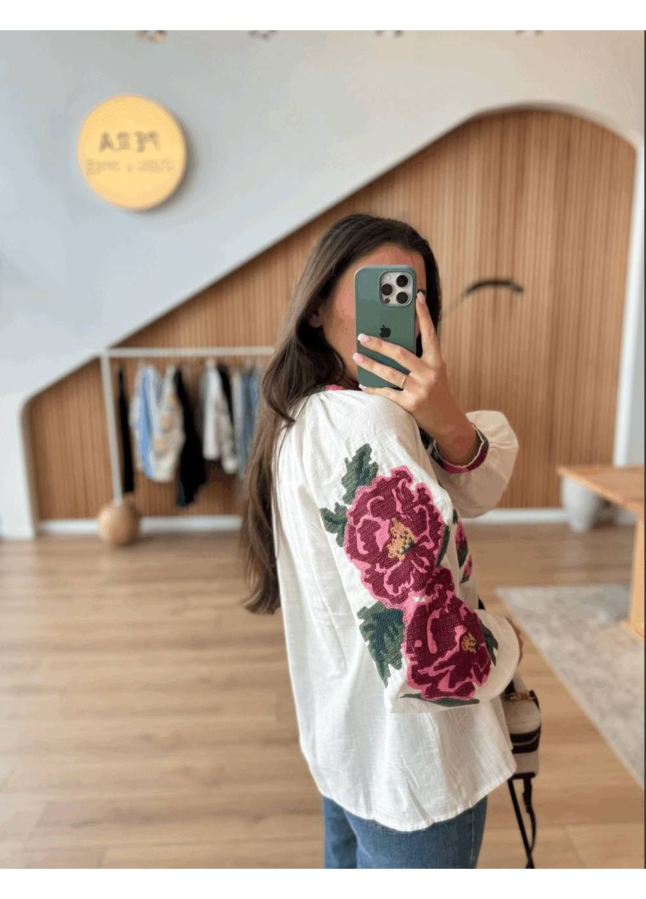 Молочная колоритная молочная рубашка вышиванка с розовыми цветами на пуговицах, женская сорочка с цветочной вышивкой, этно рубашка вышиванка узор цветочный прямой, свободная хлопок, полиэстер (350909635)