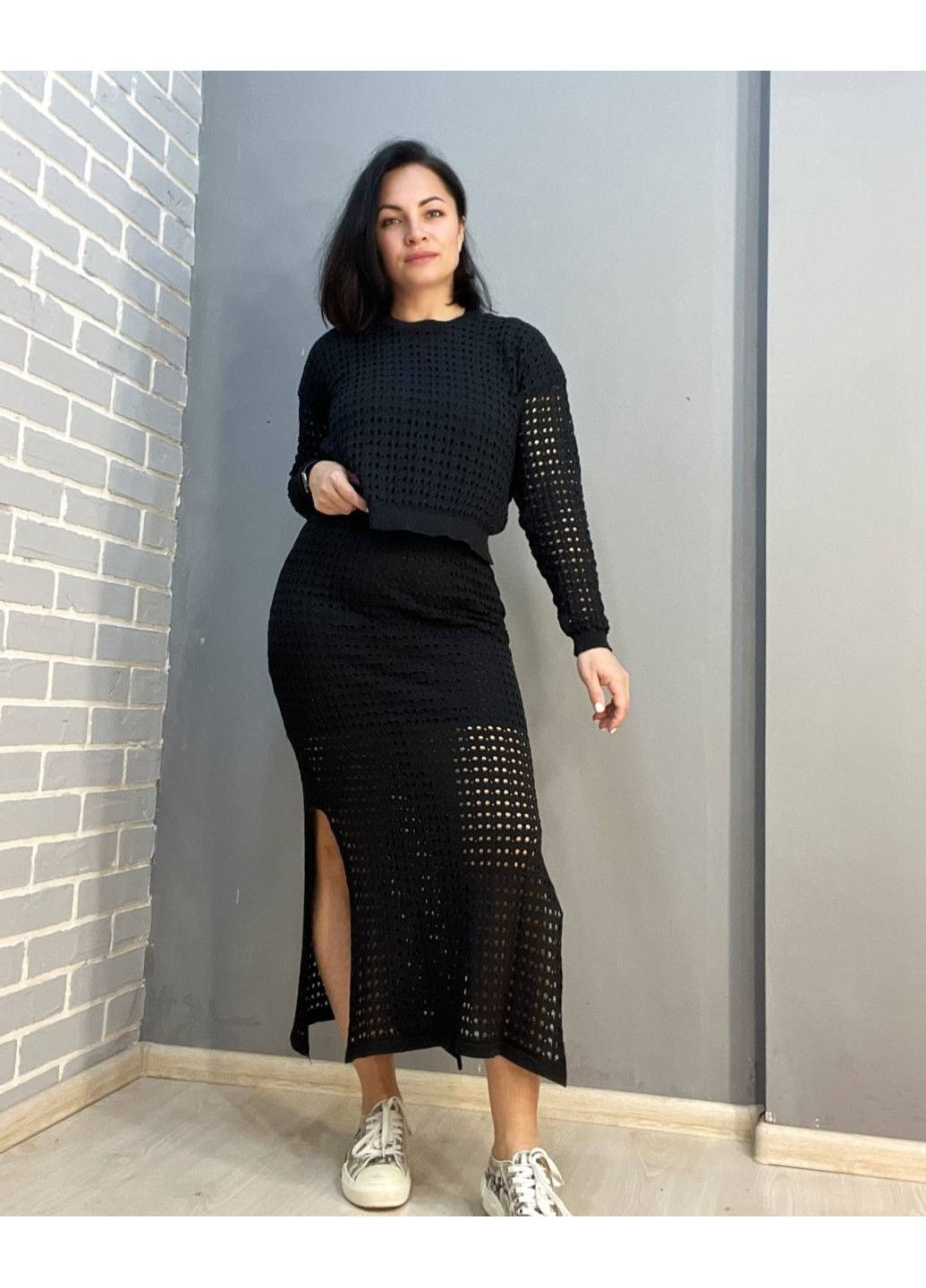 Костюм жіночий MINTAS 4204-2414 прозорий, сітка ажурна в'язка реглан зі спідницею розрізи по боках No Brand (302899891)