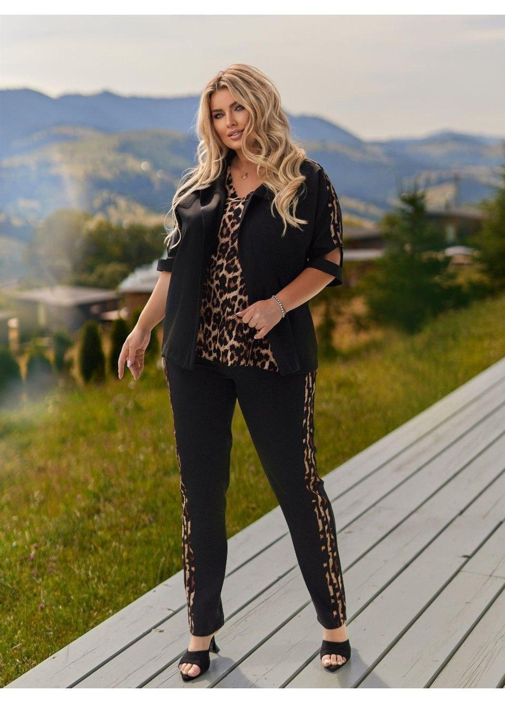 Костюм деловой, тройка: "Лео- лампасы" с лео втавками мод ВДЖВ-1032, черный, 56-58 No Brand (355469765)