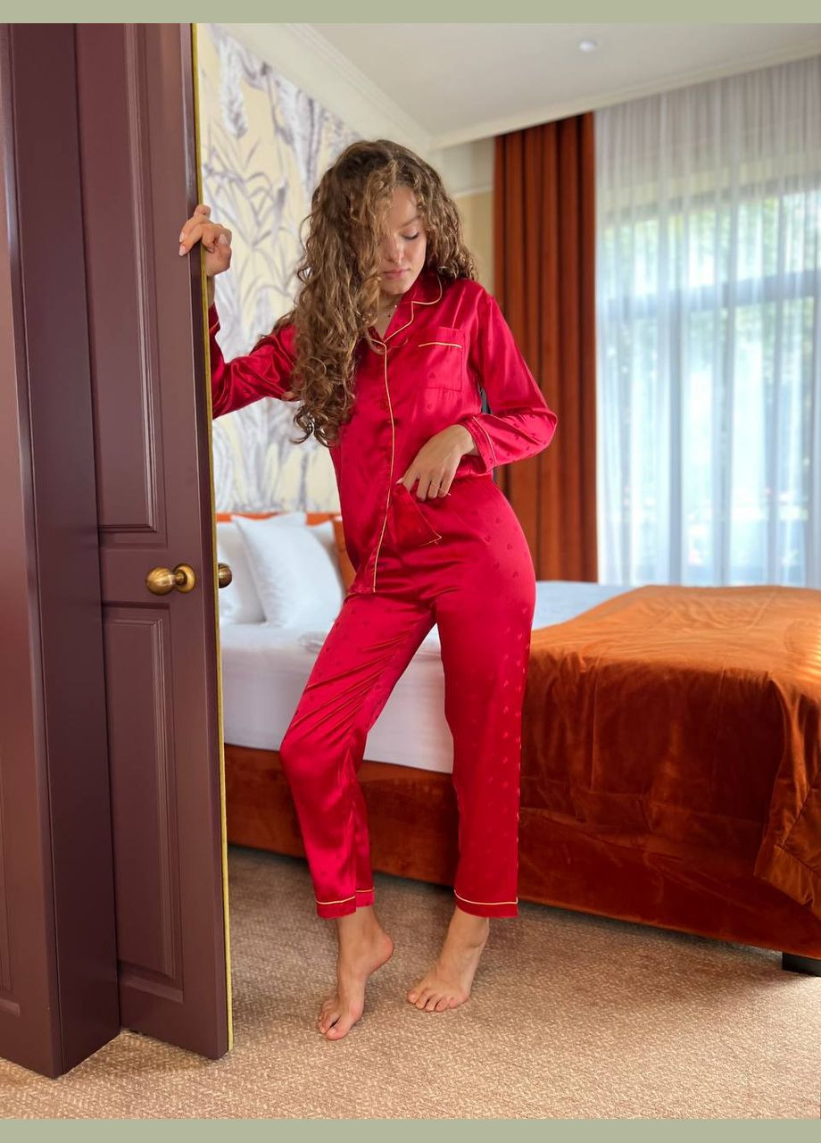 Красная всесезон женская теплая пижама с рубашкой рубашка + брюки No Brand Піжама