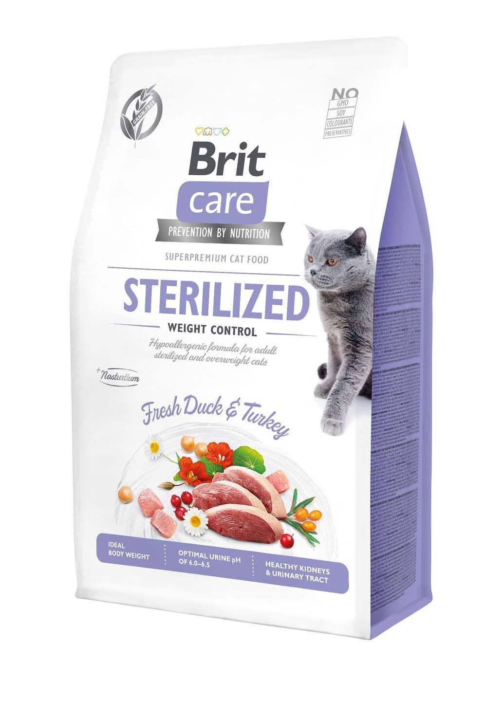 Сухой корм для стерилизованных котов и котов с избыточным весом Cat GF Sterilized Weight с уткой и индейкой 0.4 кг Brit Care (286472605)