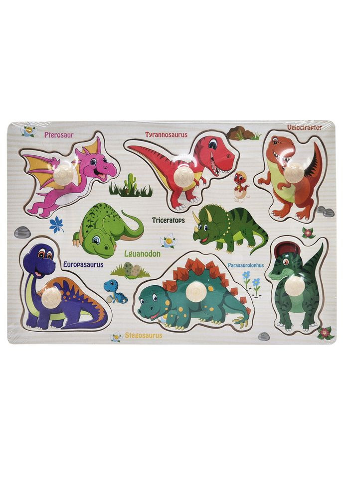 Деревянный пазл-вкладыш Динозавры 53972-10 ручка-держатель, в пленке Bambi (356347530)