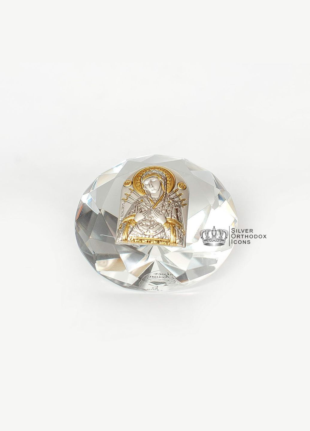 Срібна ікона Семистрільна Божа Матір 6,1х6,1 в кришталі, що має форму кристалу Silver Axion (266266124)