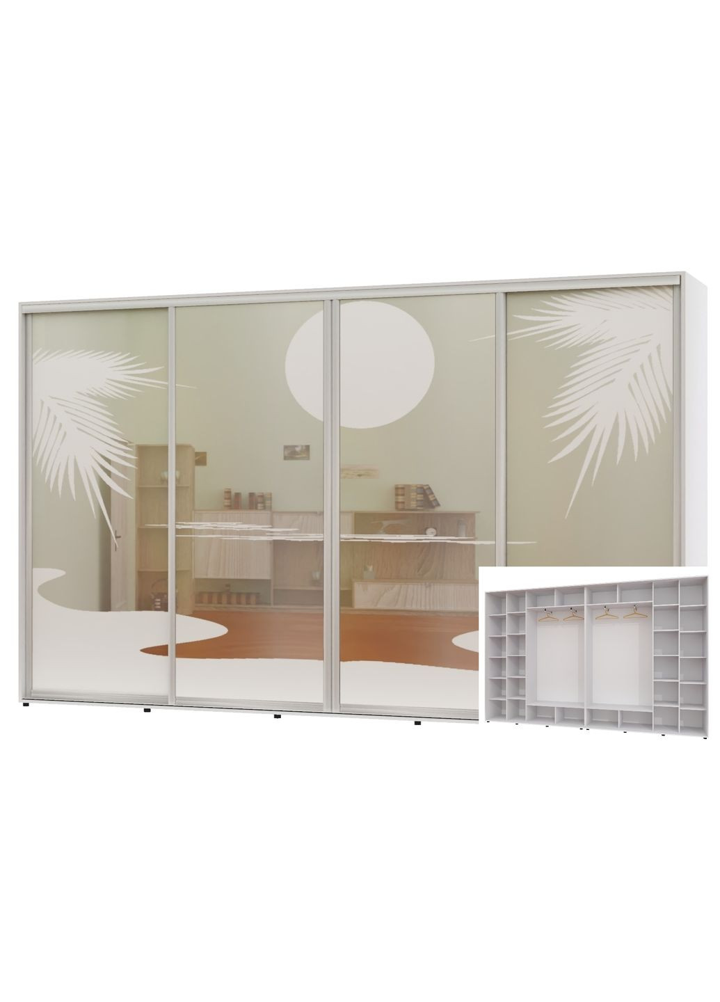 Шафа-купе чотиридверна 390*45*240 Білий Дзеркало з піскострумним малюнком Алекса (360449423)