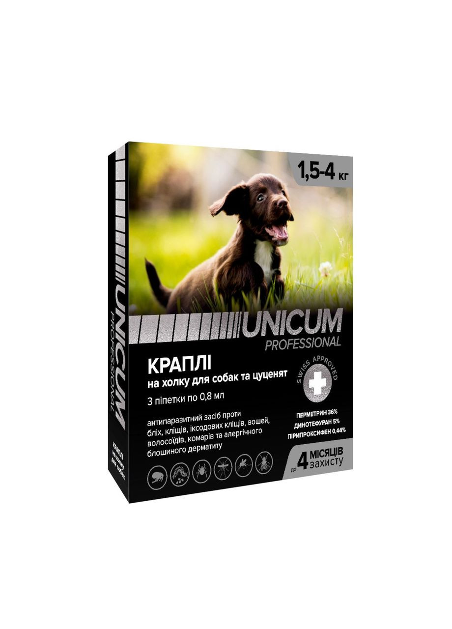 Краплі від бліх та кліщів на холку для собак Unicum PRO 1, 5-4 кг (перметрин) 3шт/уп Lucky Star (362915360)