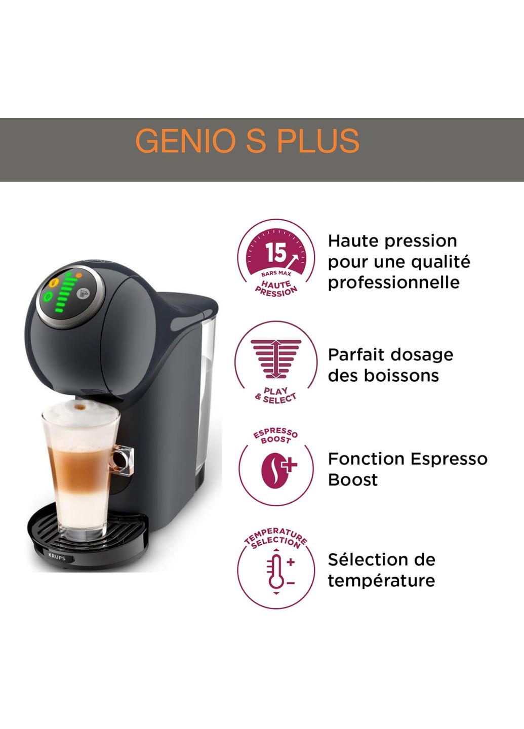 Кавоварка капсульна Dolce Gusto Genio S Plus, 1,8л, капсули, сернор.керування, темно-сірий Krups (322131840)