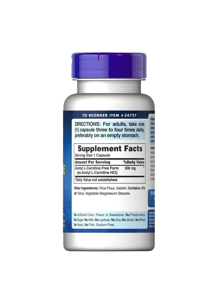 Жиросжигатель Puritan's Pride Acetyl L-Carnitine 500 mg, 60 капсул Puritans Pride (333999616)
