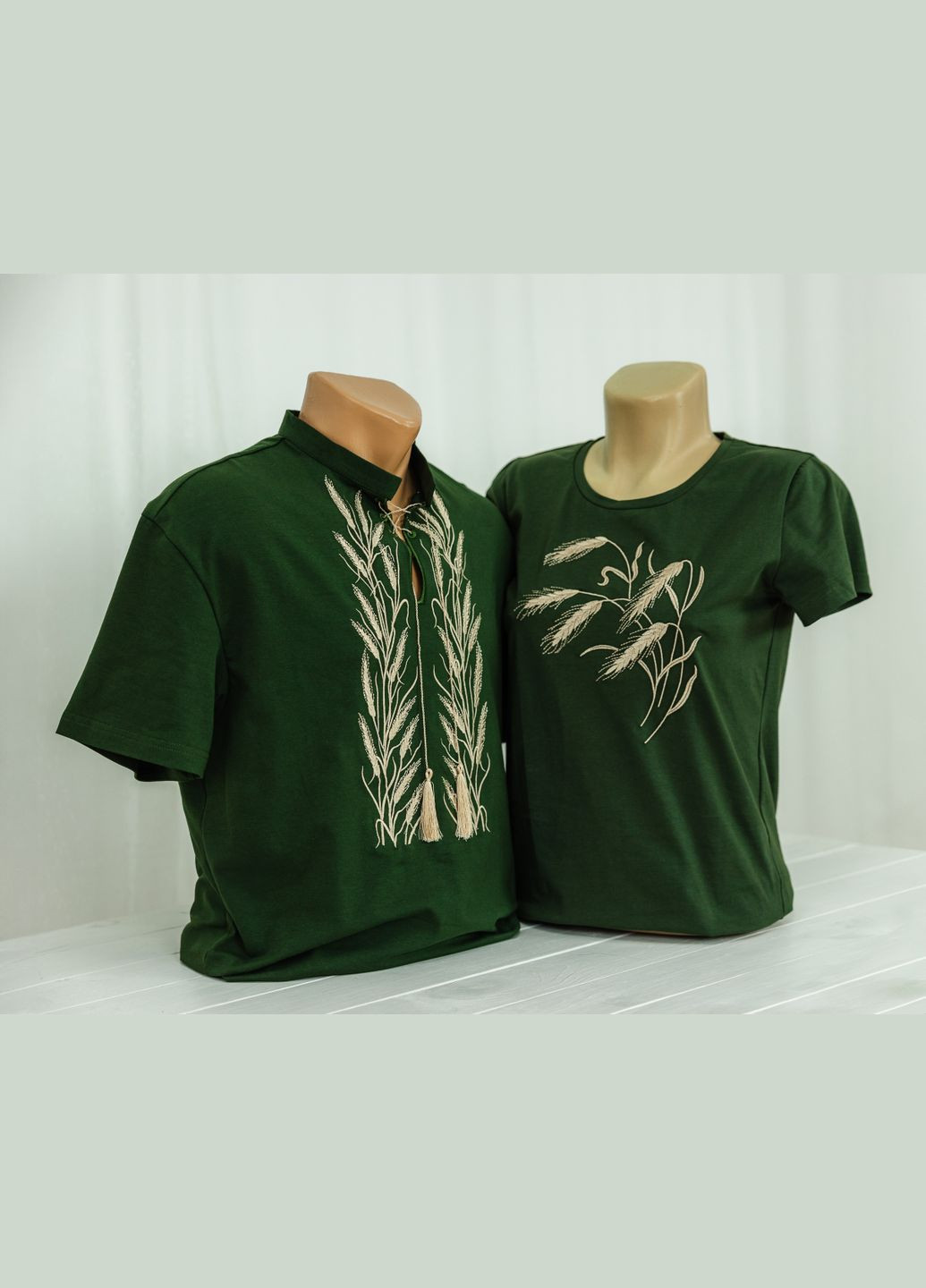 Хакі сімейні футболки / family look з вишивкою колоски хаки, футболки з вишивкою, футболки вишиванки візерунок орнамент пряма трикотаж (321968939)
