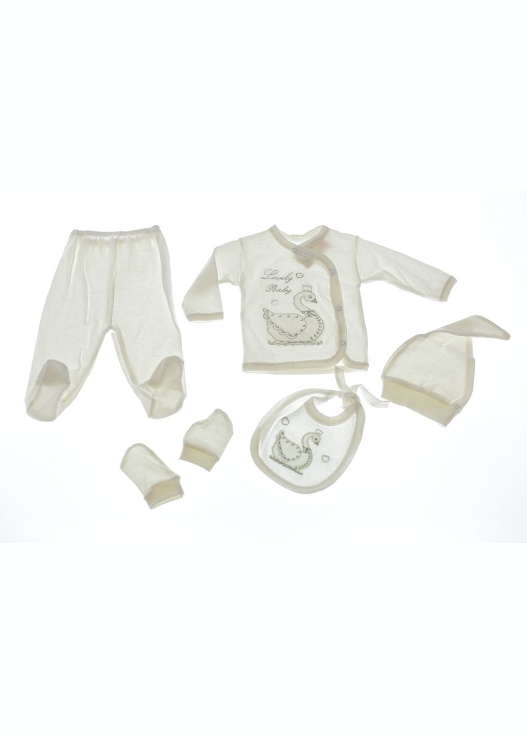 Білий демісезонний трикотажний комплект для новонародженого з лебедем молочний. 56 см (33094) BABYKROHA