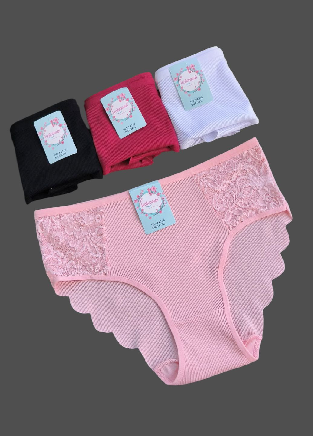 Набор 4 шт хлопковые трусы слип в рубчик с кружевом впереди (сзади бесшовные края, что не передавливают ягодицы) Kokowei (322429365)