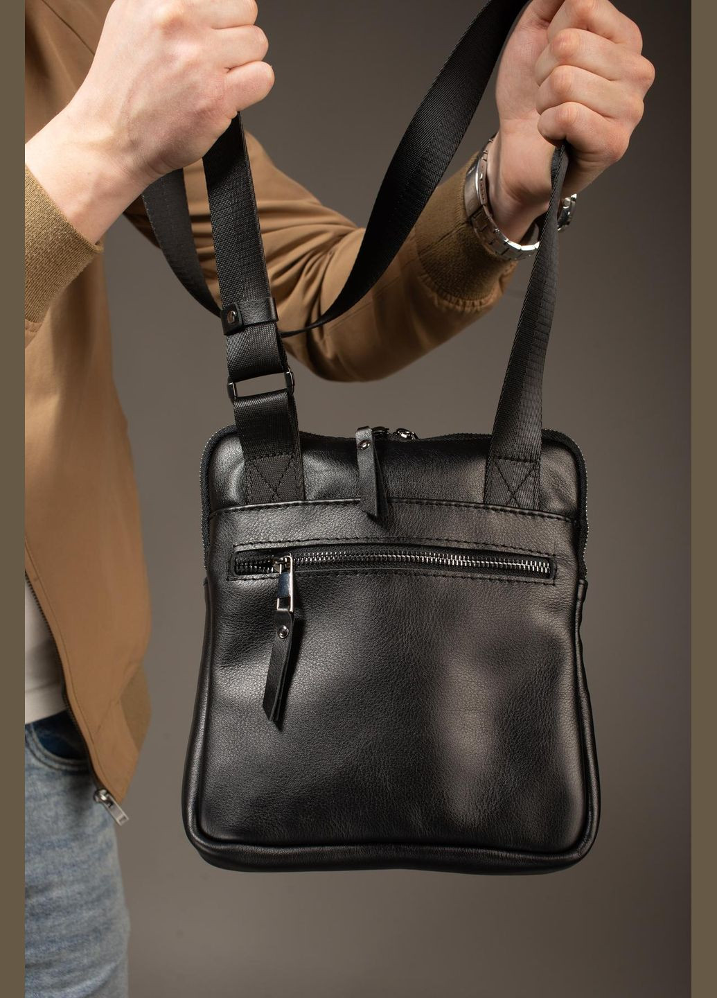 Сумка-мессенджер із натуральної гладкої шкіри, сумка через плече чоловіча SKILL (чорна) No Brand (333342055)