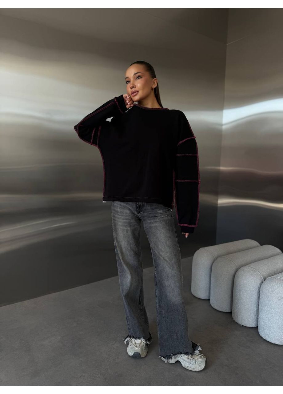 Черный стильный женский свитшот оверсайз черный без декора (362045730)