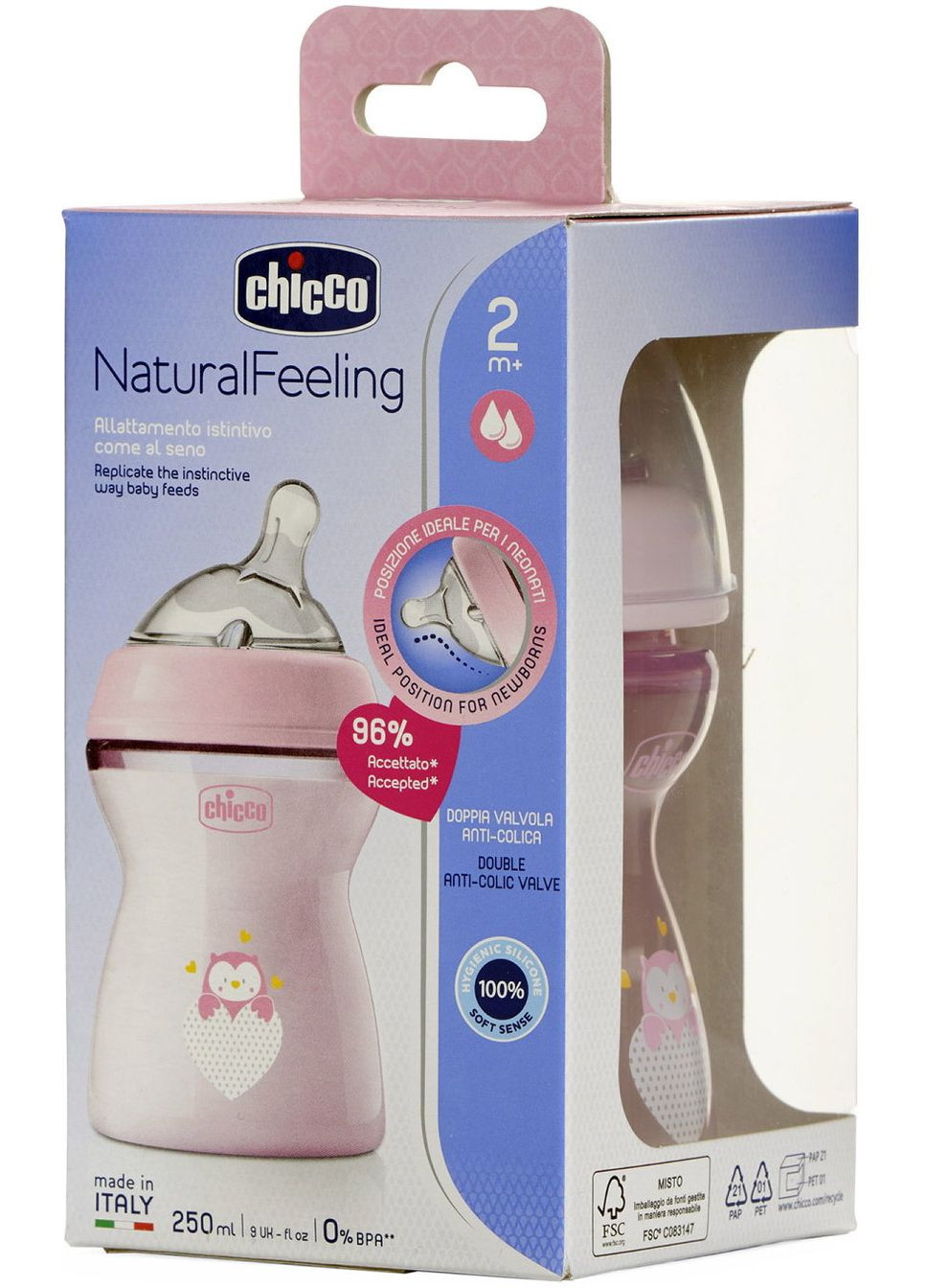 Бутылочка для кормления Natural Feeling Color, 250 мл, 2+, розовый () Chicco 80825.11 (336492177)