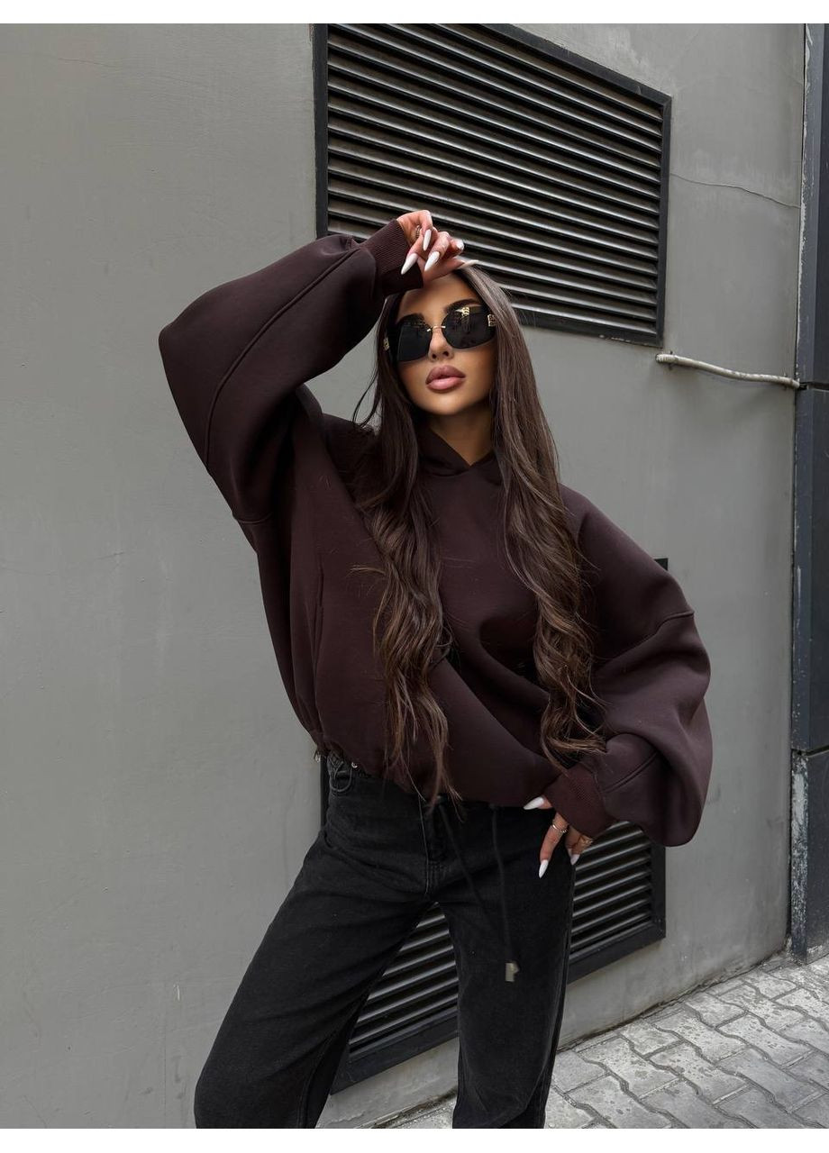 Жіночий худі з капюшоном на флiсi коричневого кольору 34642 Fashion (361310767)