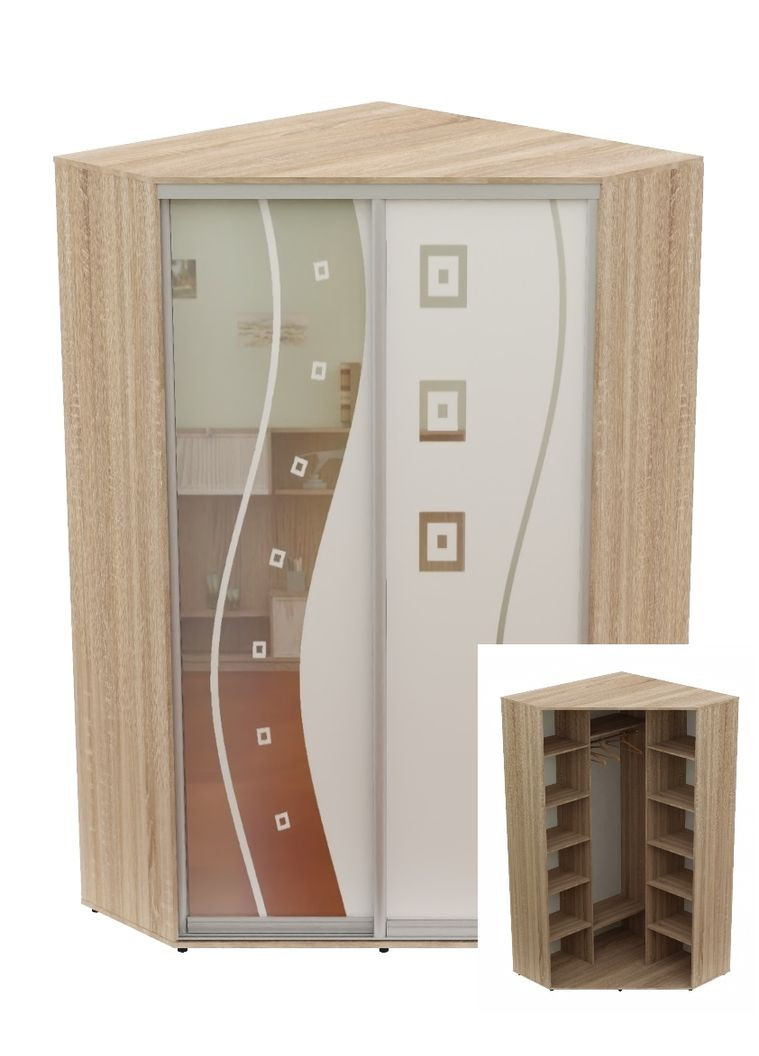 Шкаф-купе двухдверный угловой 140*140*250 Дуб Сонома Зеркало с пескоструйным рисунком Угол-4 Алекса (360465470)