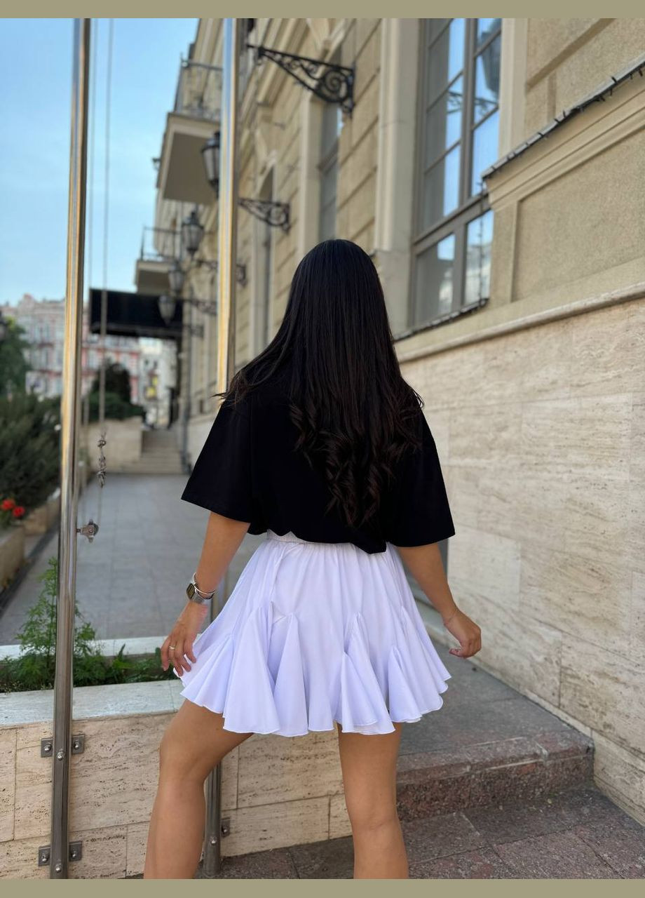 Белая повседневная однотонная женская юбка мини с шортами Україна клешированная-солнце