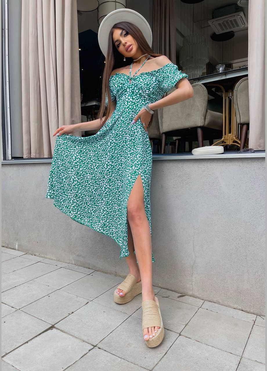 Зелена ділова, повсякденний, кежуал, вечірня жіноча сукня FINO Mode з квітковим принтом