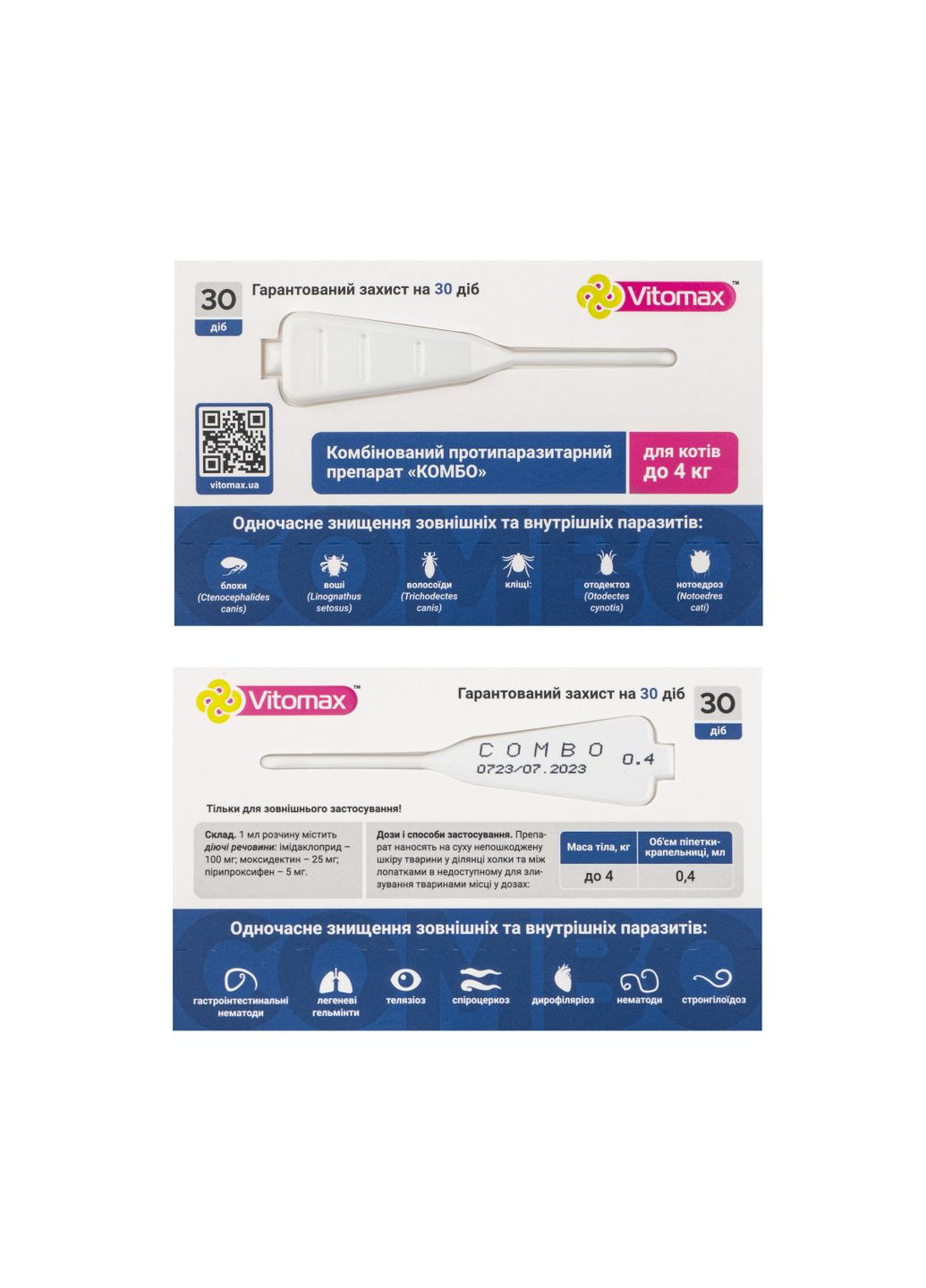 Капли "КОМБО" для кошек до 4 кг – 0,4 мл/3 шт. в уп. Vitomax (324031063)