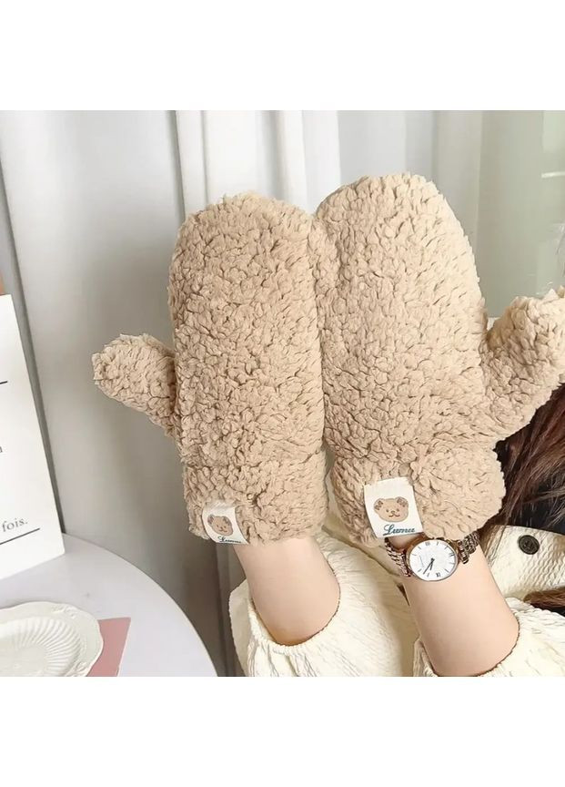 Перчатки меховые пушистые Медвежонок Тедди на шнурке унисекс One Size, тёплые зимние варежки из меха тёмно-бежевые No Brand (362961364)