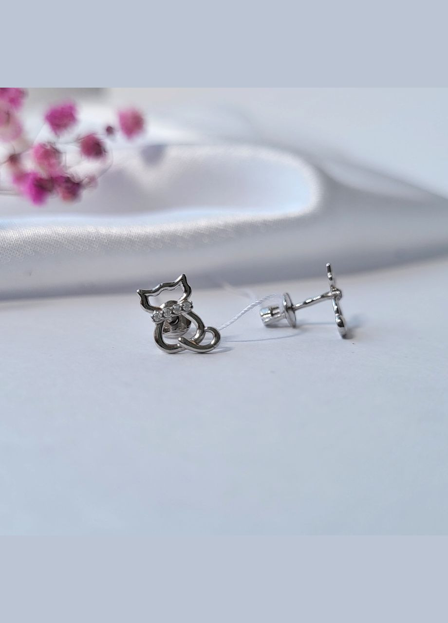 Срібні сережки гвоздики на закрутках Кіт із Білими каменями срібло 925 проби Родоване 82763б 1.03г No Brand (306742104)