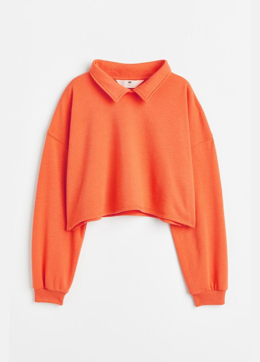 H&M свитшот укороченный для девочки 1126691-009 однотонный оранжевый спортивный, повседневный, кэжуал хлопок, эластан