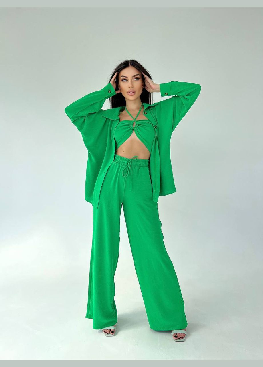 Шикарный зеленый летний костюм тройка из креп-жатки, красивый открытый костюм идеально подходящий для прогулки No Brand 060-4 (293244782)