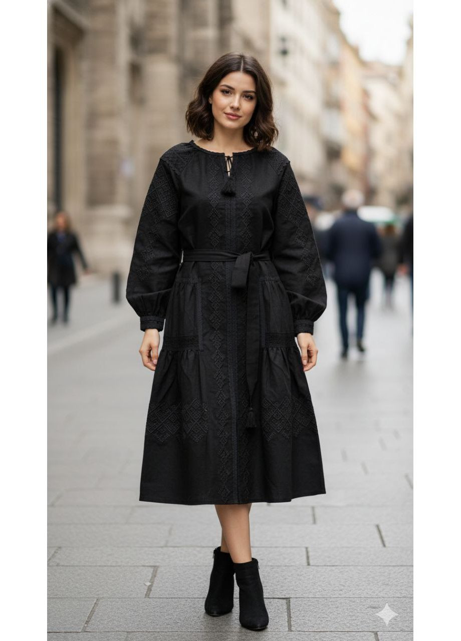 Черный зимний женское вышитое платье дарья черная ESQ 7239