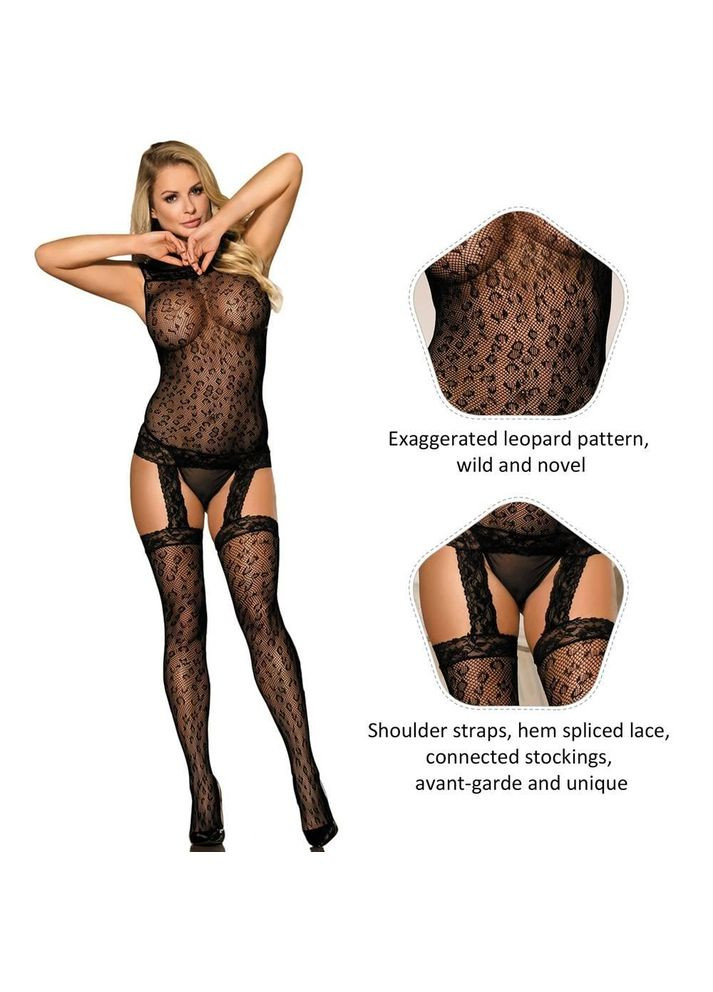 Бодістокінг з імітацією панчох та леопардовим візерунком Star Night чорний, XS-M No Brand (303897885)