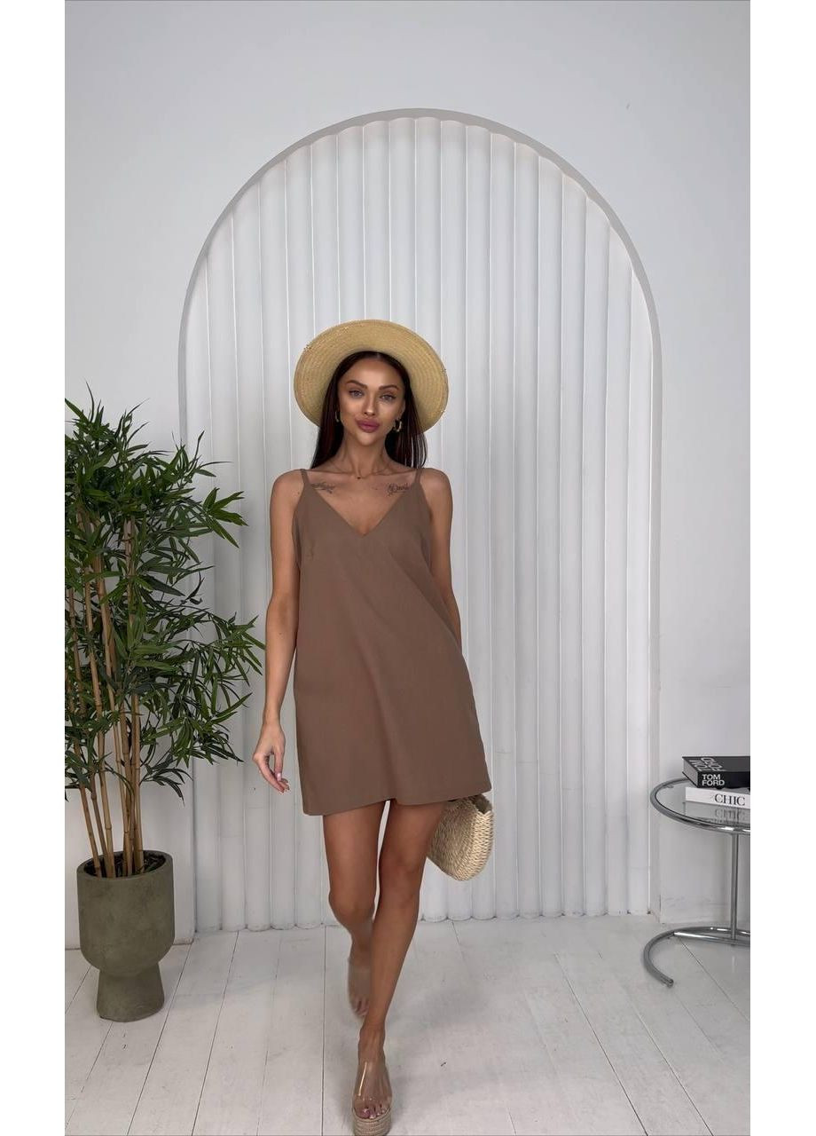 Коралловое платье из льна на тонких бретелях мини s m коралловый No Brand