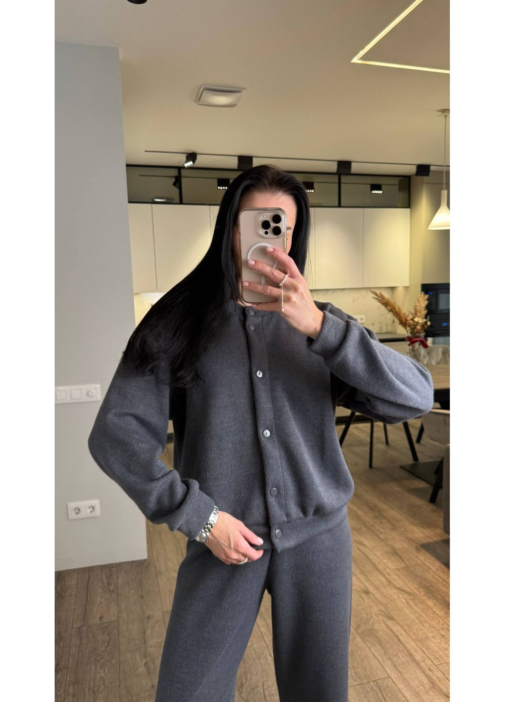 Костюм 362 Ангора вʼязка в рубчик штани та кофта на ґудзиках Україна (370091872)