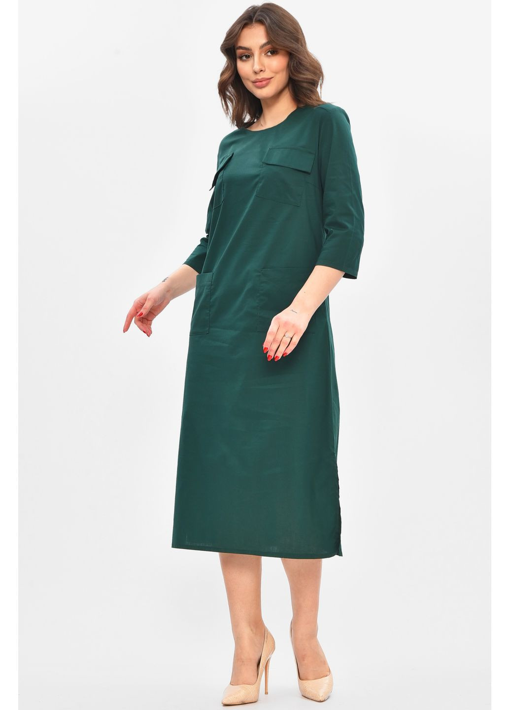 Темно-зелена кежуал сукня жіноча однотонна темно-зеленого кольору з баскою Let's Shop однотонна