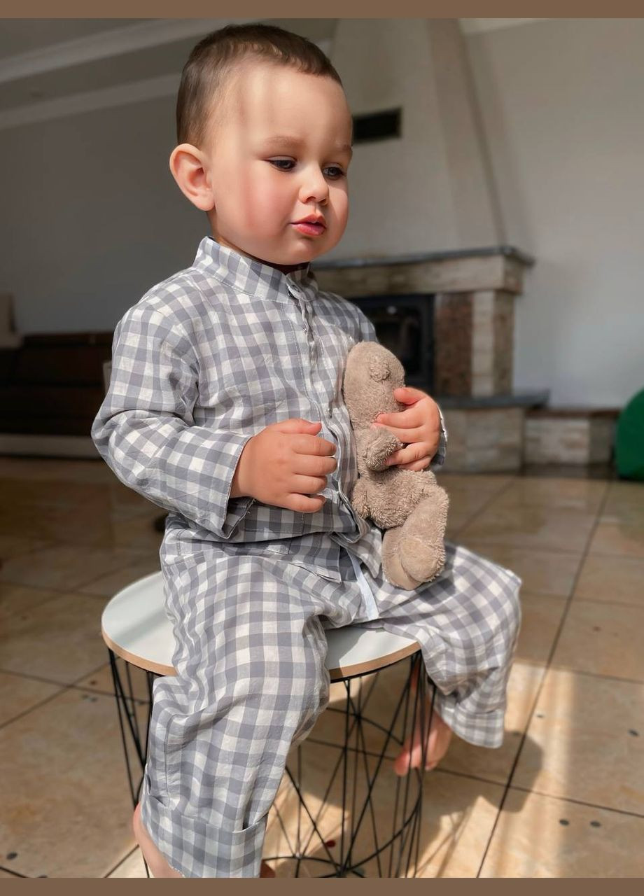 Сіра всесезон дитяча піжама з вареної бавовни у клітинку сіра сорочка + брюки PAPLYK