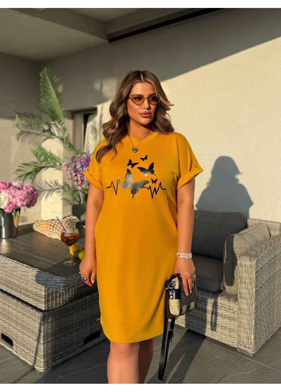 Горчичное лёгкое платье. большие размеры Fashion